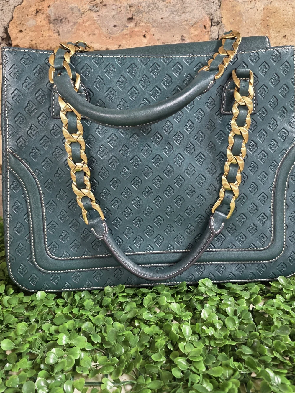 POWERLAND Forest Green Embossed Monogram Tote Bag Gold Chain Straps